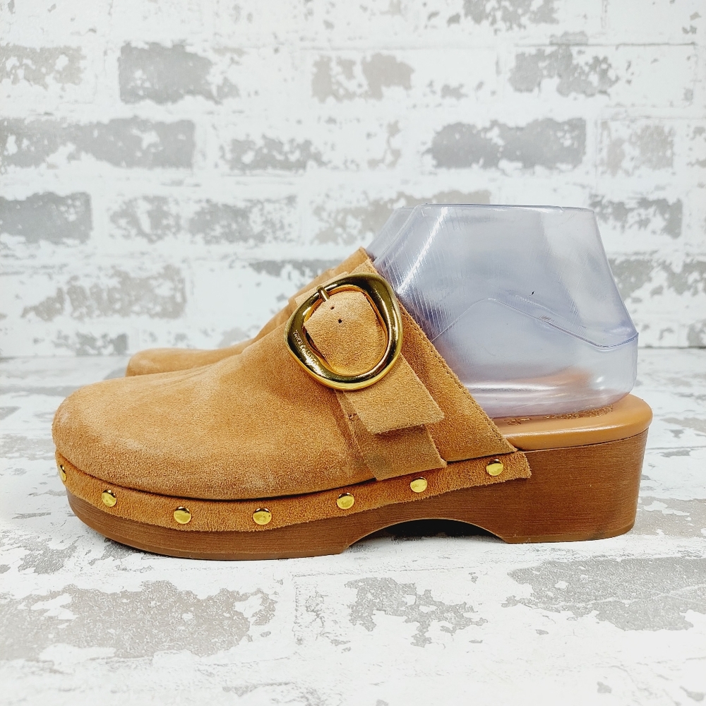 Vince Camuto Tan Suede Mules with Gold Buckle